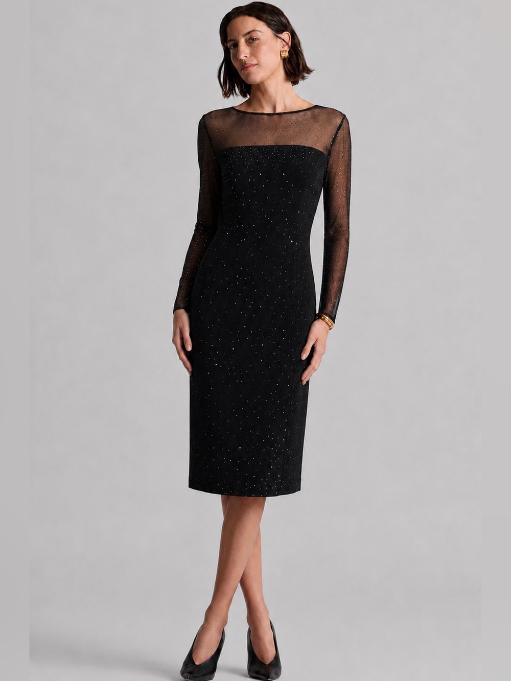 St. John Black Rayon Wool Blend Illusion Mesh Paillette Sheath Dress | Size 14